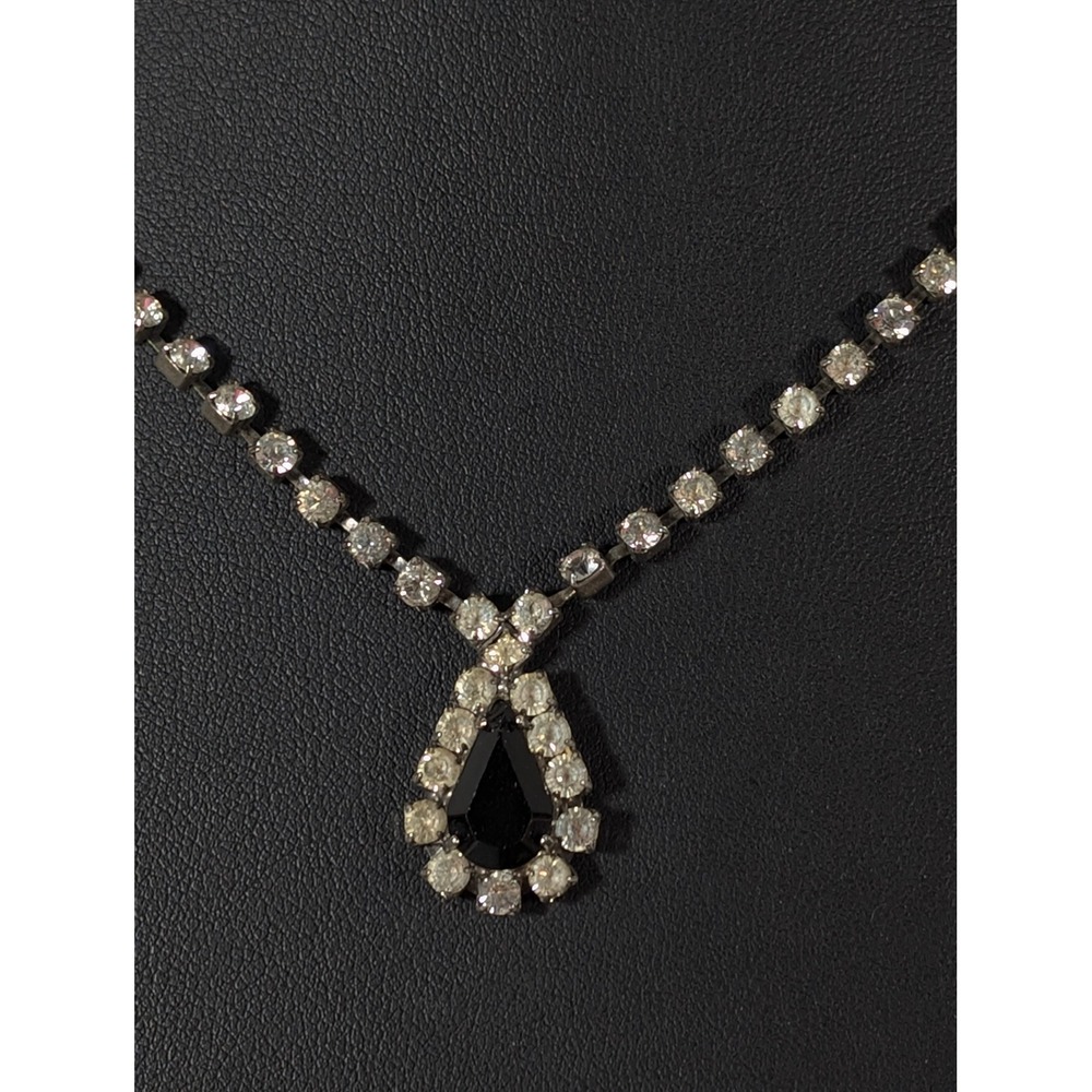 Vintage Black Clear Rhinestone Teardrop Tennis Necklace Silver Tone 17 Inch
